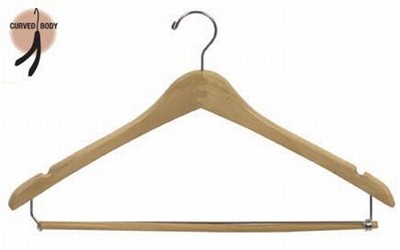Contoured Suit Hanger w/ Bar - Natural & Chrome Wood Hangers