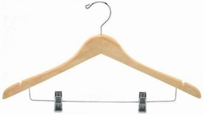 Contoured Combination Hanger w/Clips - Natural & Chrome Wood Hangers