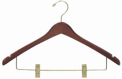 Contoured Combination Hanger w/Clips - Walnut & Brass Wood Hangers