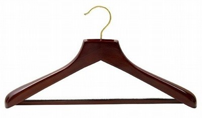 Contoured Suit Hanger w/ Non-Slip Bar - Walnut & Brass Wood Hangers